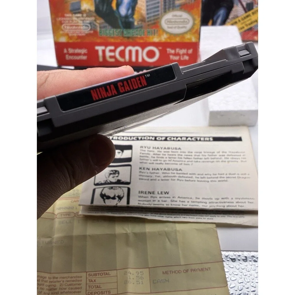 Ninja Gaiden NES W/ Rental Purchase Receipt. Box & Game & Book W/ Box Protector